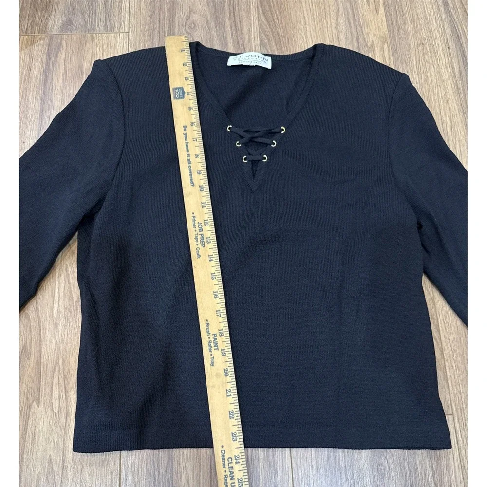 ST. JOHN Collection by Marie Gray Knit  Laced V-neck  Studs Black Sweater